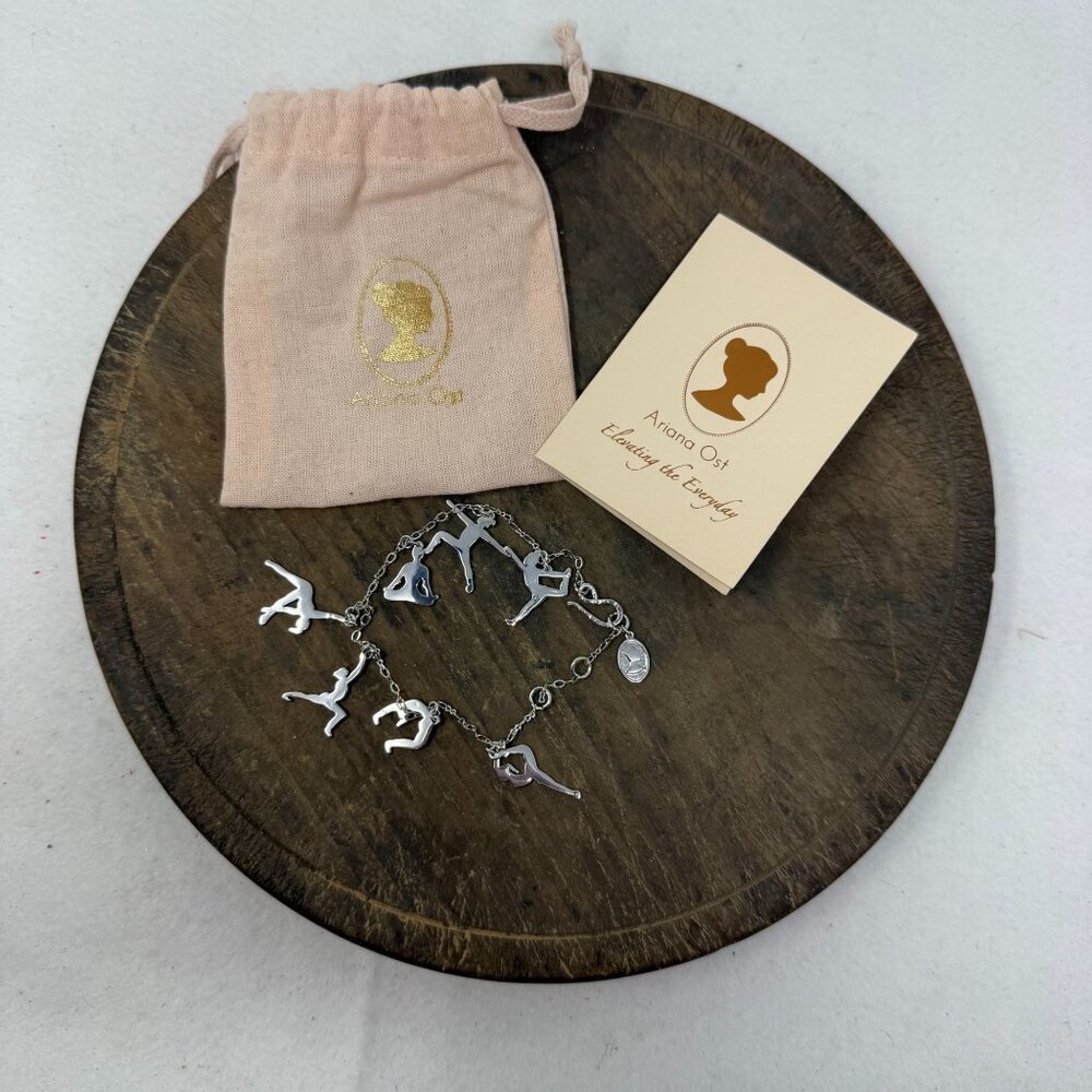 Ariana Ost Yoga Charm Bracelet Silver Tone Poses Jewelry Dust Bag Info Card